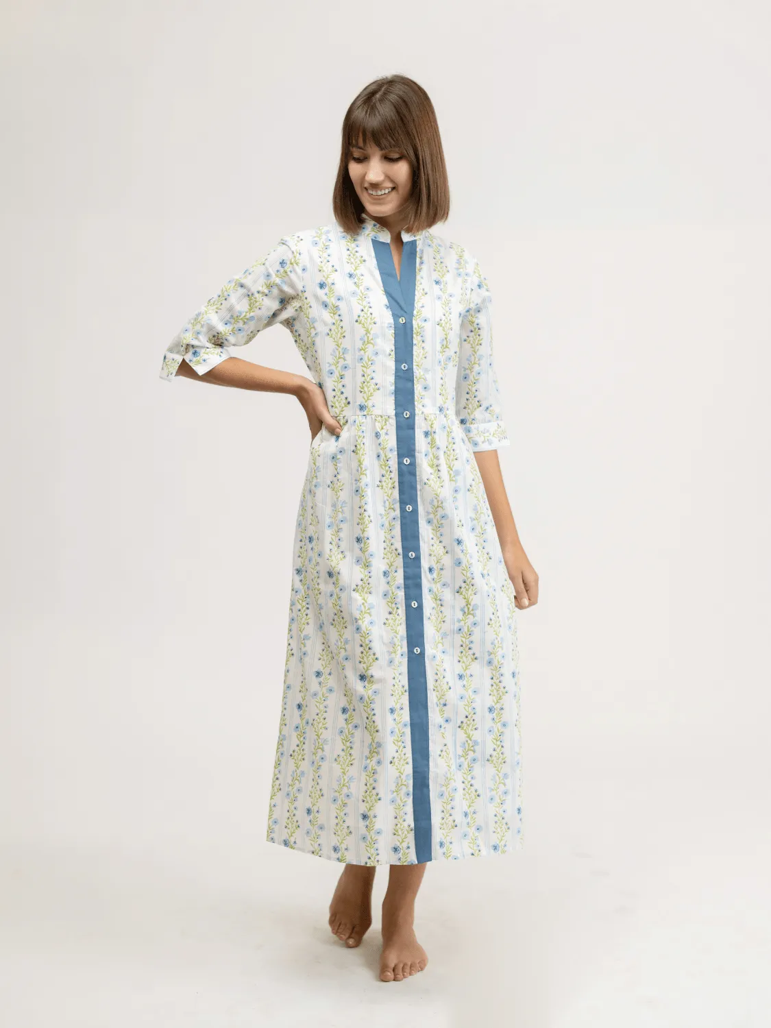 The Valerie Dress | Blue Floral Stripe sold by Beau & Ro