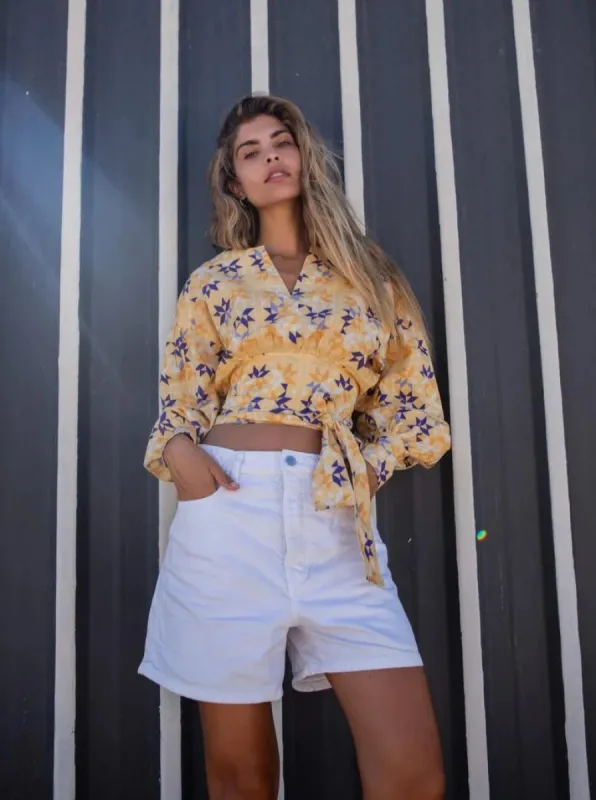 Leana Wrap Puff Shirt in Yellow Bird sold by Beau & Ro