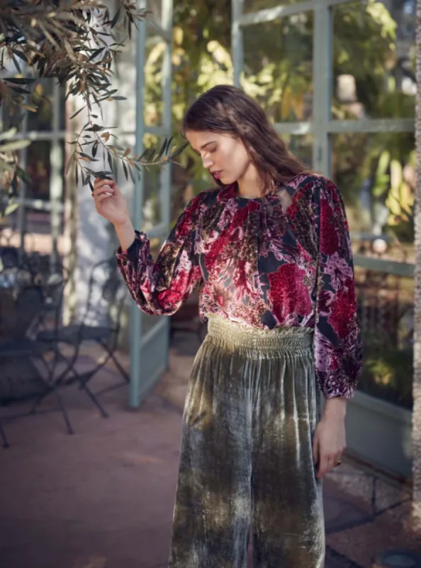Nadia Blouse in Burned Out Green Velvet sold by Beau & Ro