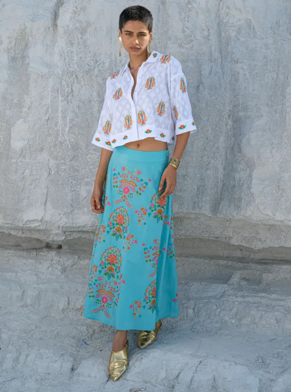 Lantana Skirt in Sea / Golden Flowers Embroidery sold by Beau & Ro