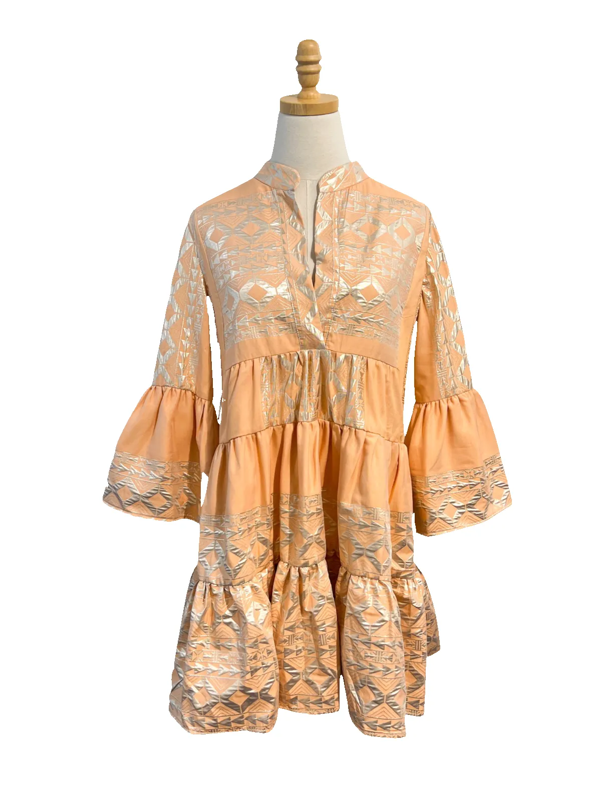 Peach Tiered Jacquard Bell Sleeve Mini Dress sold by Beau & Ro