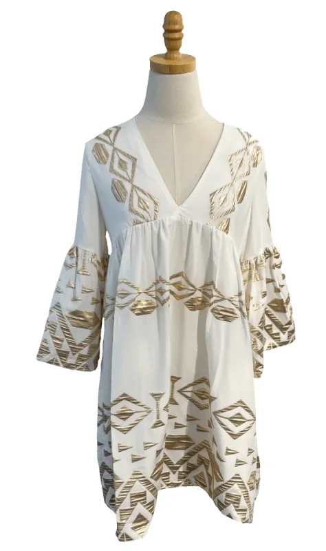 White & Gold Long Bell Sleeve Mini Dress sold by Beau & Ro