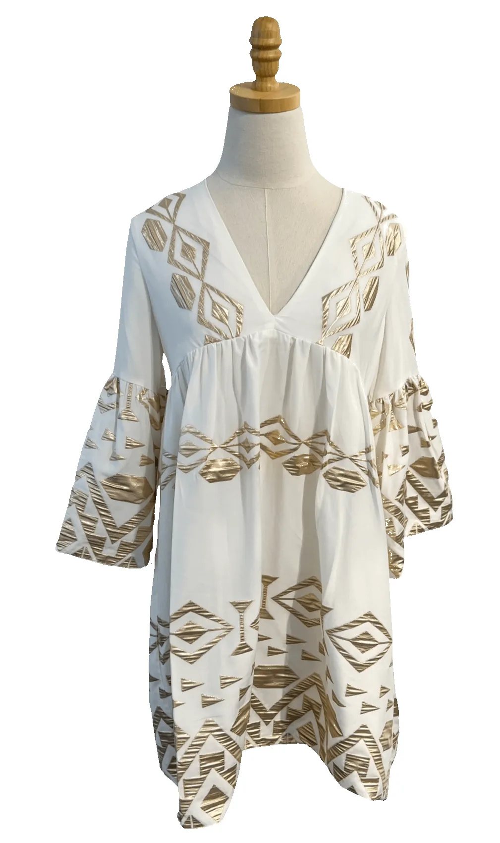 White & Gold Long Bell Sleeve Mini Dress sold by Beau & Ro