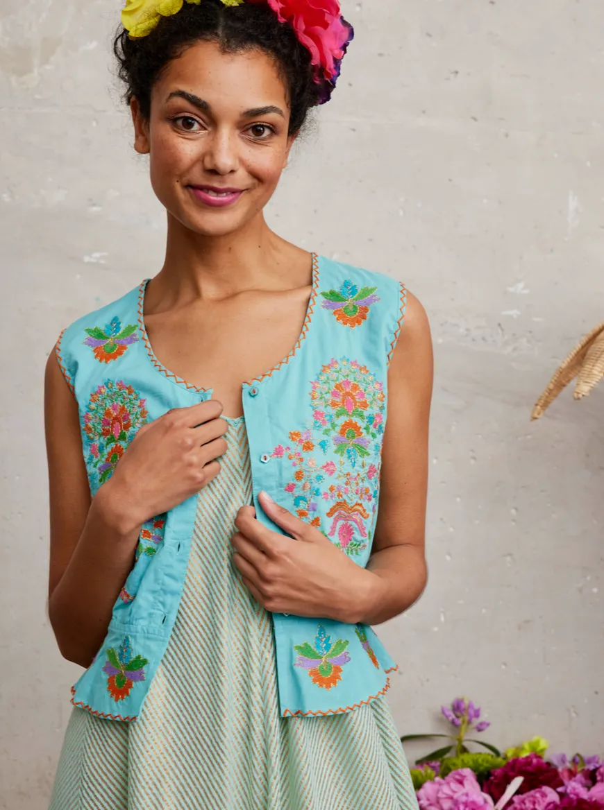 Angelica Blouse in Sea / Golden Flowers Embroidery sold by Beau & Ro