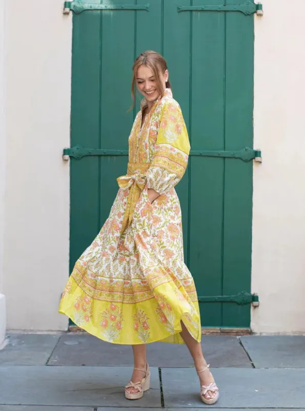 Paloma Flounce Dress in Pear / Melon Iris Daisy Frieze Print sold by Beau & Ro