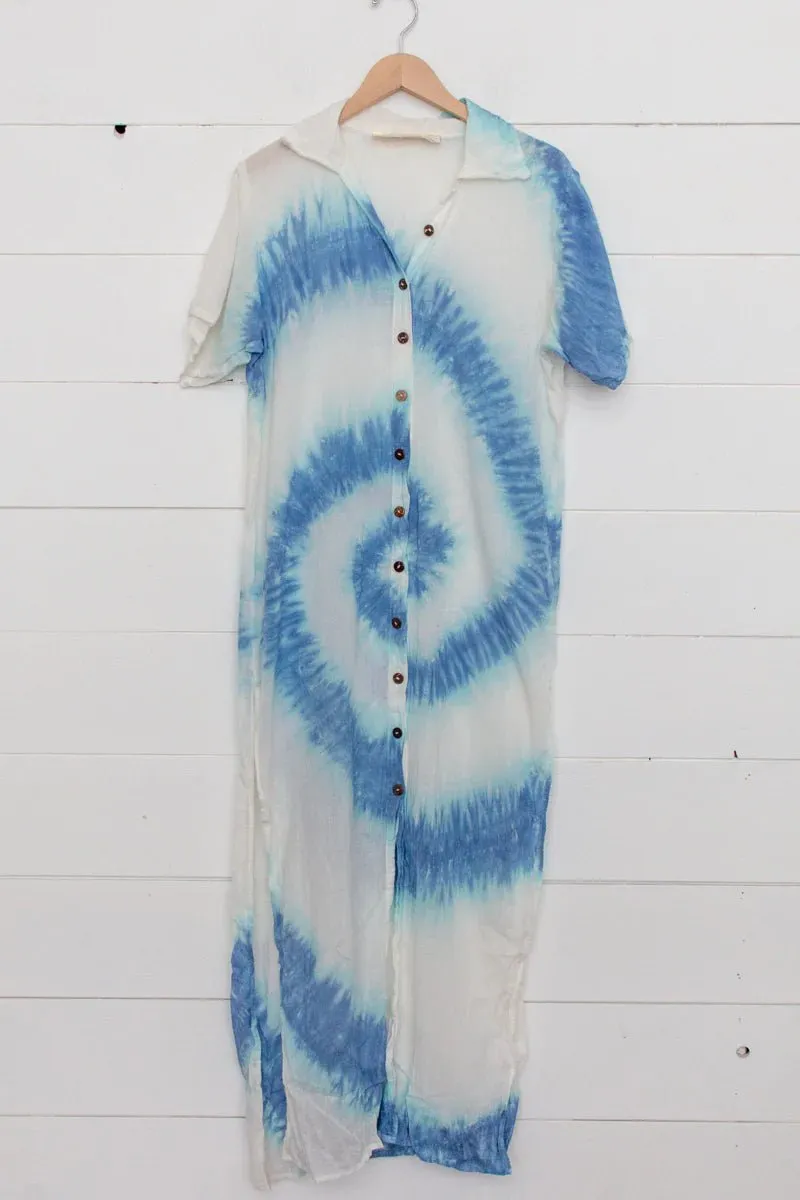 Riviera Sunfair Dress in White & Blue Spiral Tie-Dye sold by Beau & Ro product image thumbnail 2