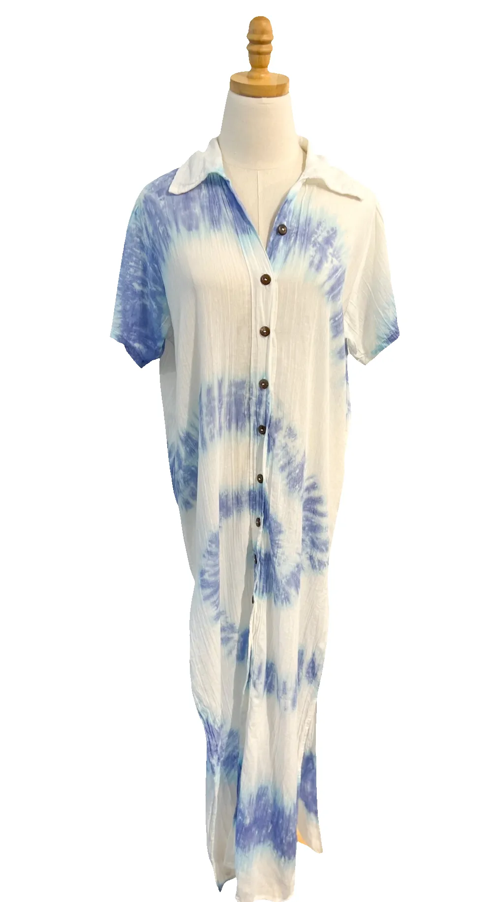 Riviera Sunfair Dress in White & Blue Spiral Tie-Dye sold by Beau & Ro
