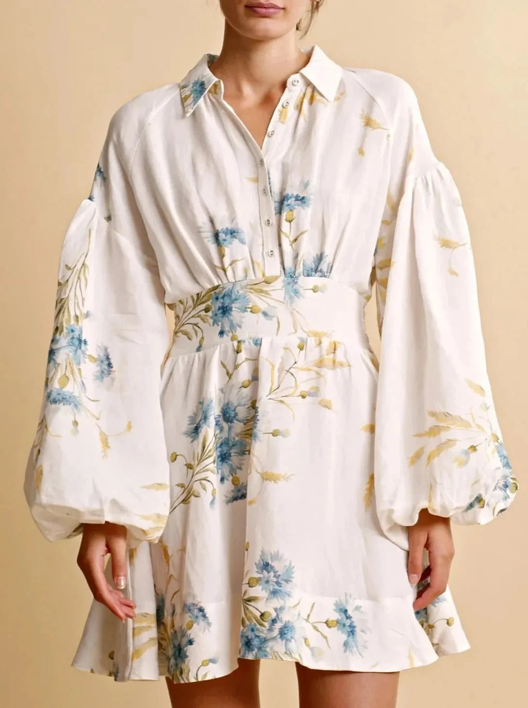 Linen Mini Dress in Blue Straw sold by Beau & Ro