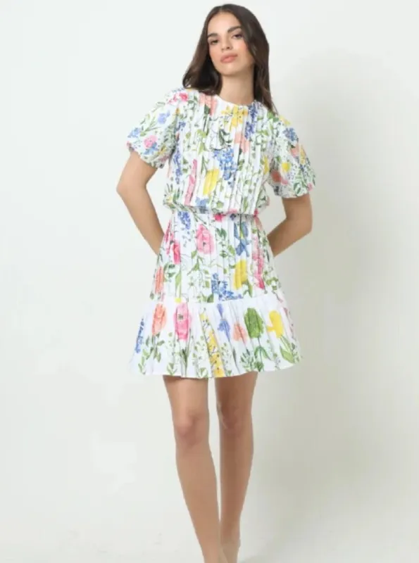 Emelie Mini Dress in Multi Garden White sold by Beau & Ro