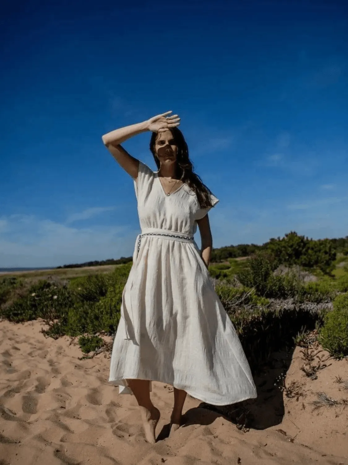 Livna Drop Dress in Stripy Cream sold by Beau & Ro