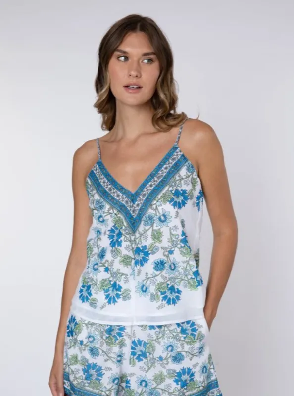 White / Blue / Aqua Cotton Top w/ Rose Border Print sold by Beau & Ro