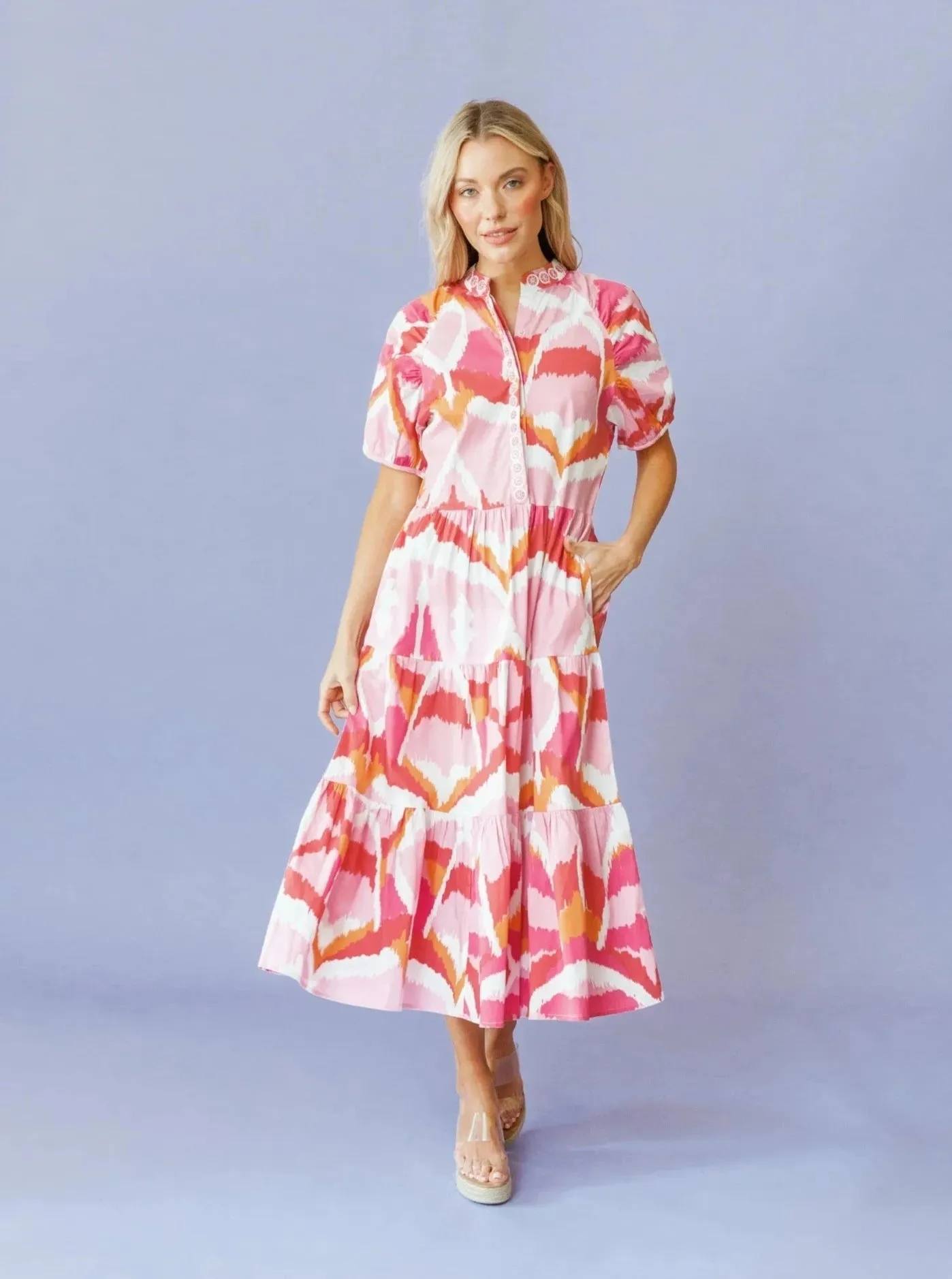 Kimbell Dress in Flamingo Watermelon Ikat sold by Beau & Ro