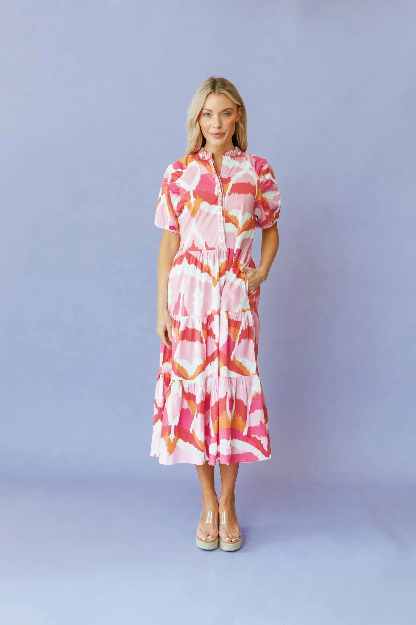 Kimbell Dress in Flamingo Watermelon Ikat sold by Beau & Ro product image thumbnail 2