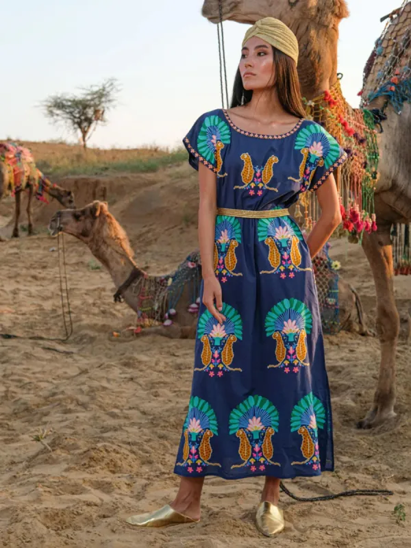 Malachite Kaftan Leo Embroidery on Navy sold by Beau & Ro