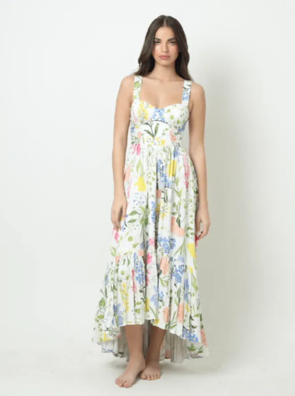 Arya Dress in White Multi Garden sold by Beau & Ro