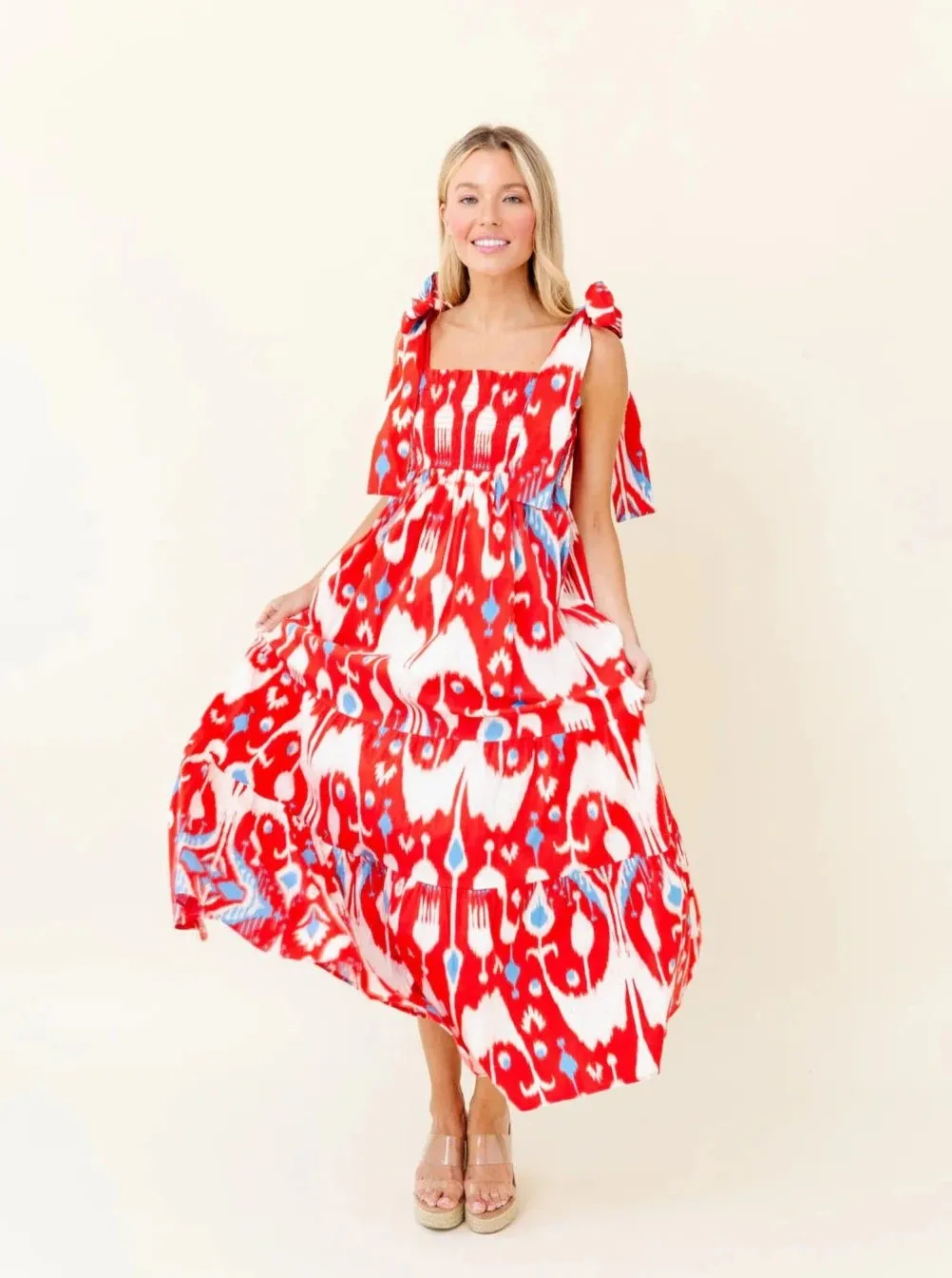 Kelly Dress in Firecracker Ikat sold by Beau & Ro