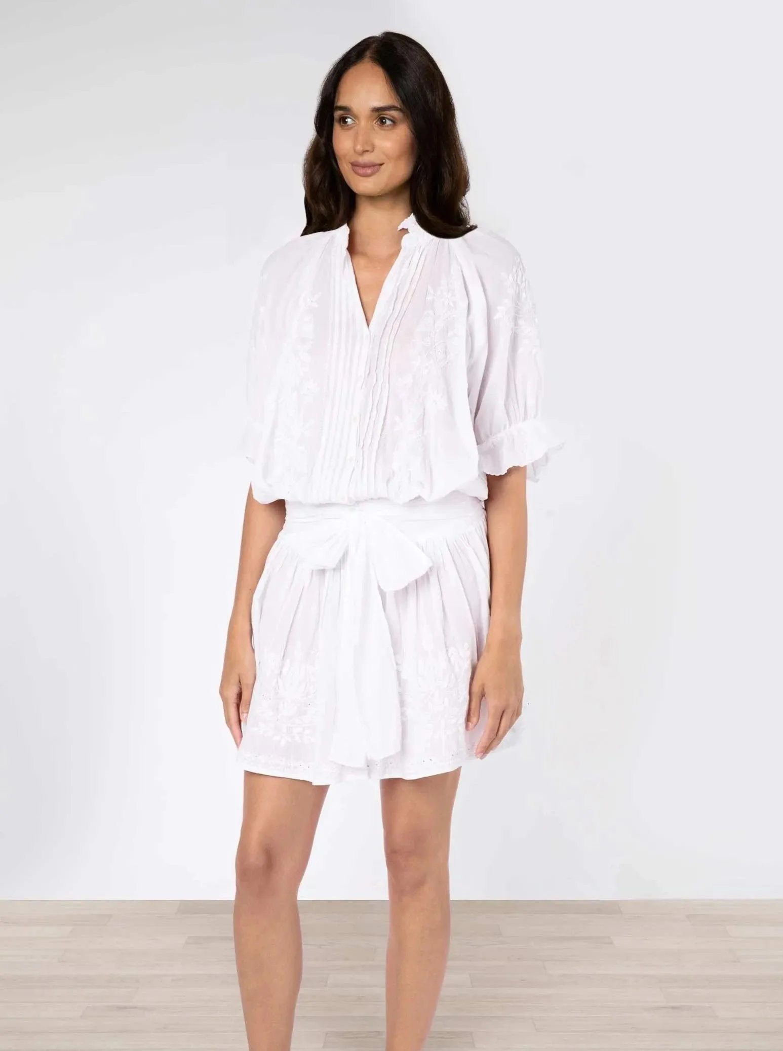 White Blouson Dress with Embroidery sold by Beau & Ro