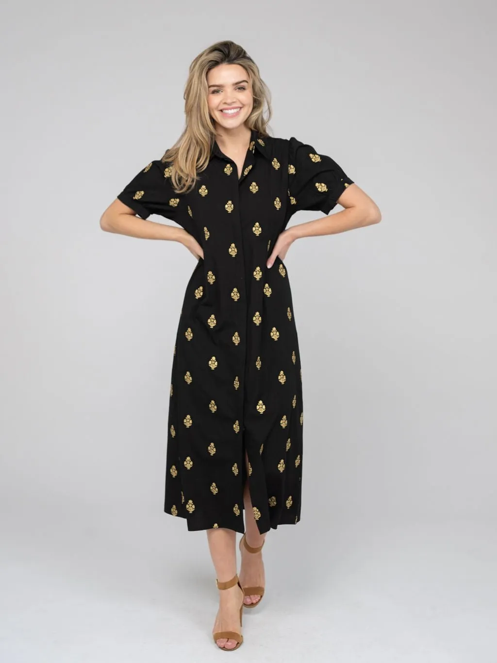 The Kris Dress | Gold & Black Embroidery sold by Beau & Ro