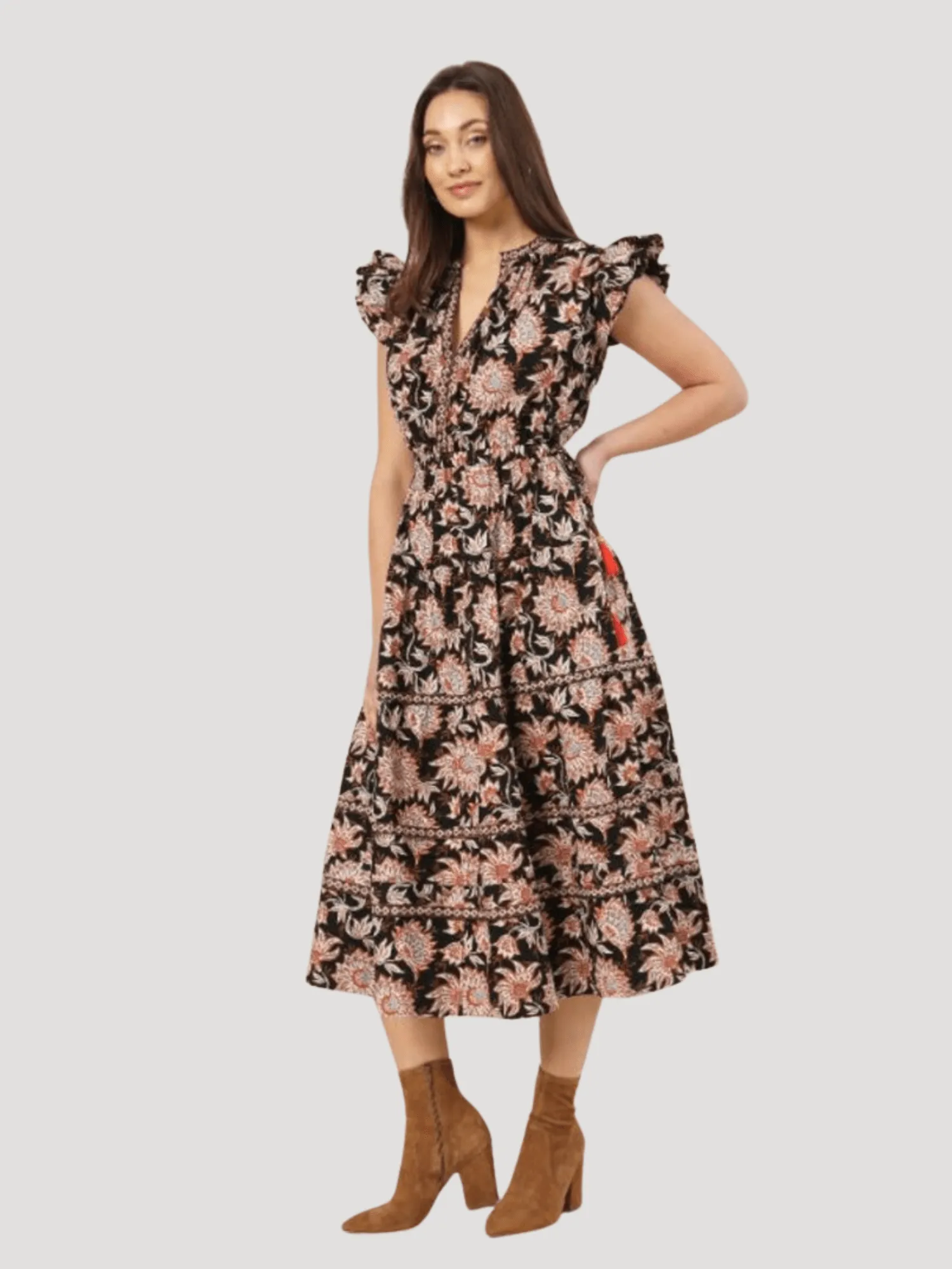 Harlow Midi Dress in Tamara Cedar sold by Beau & Ro