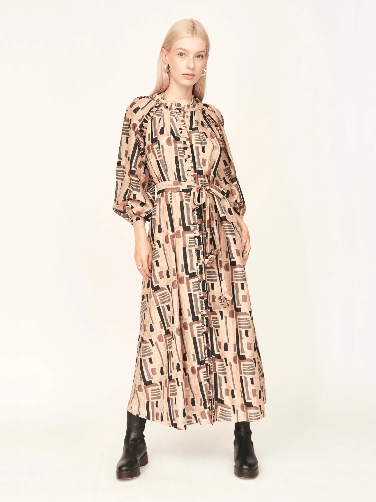 Somerset Dress in Sand Labyrinth sold by Beau & Ro