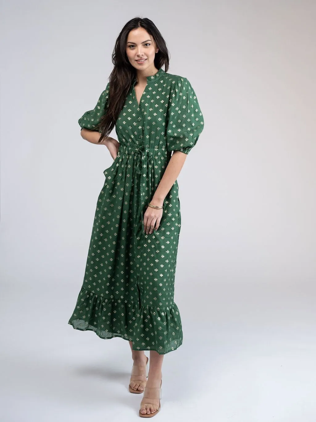 The Lily Midi Dress | Green & Gold Lurex sold by Beau & Ro