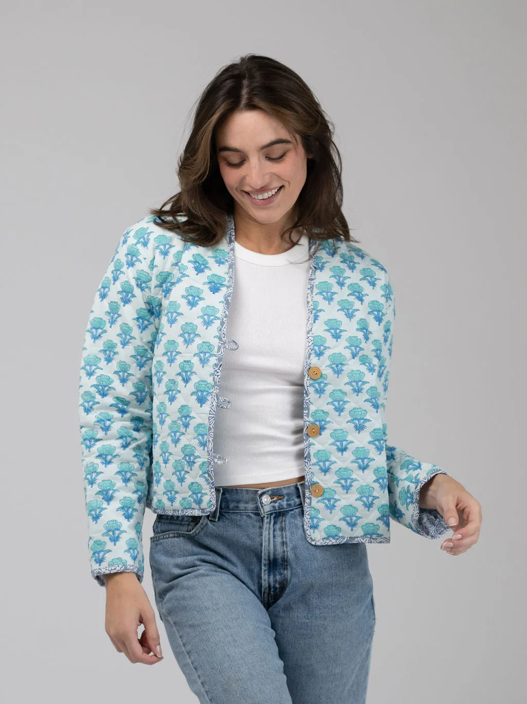 Quilted Cropped Jacket in White / Aqua sold by Beau & Ro