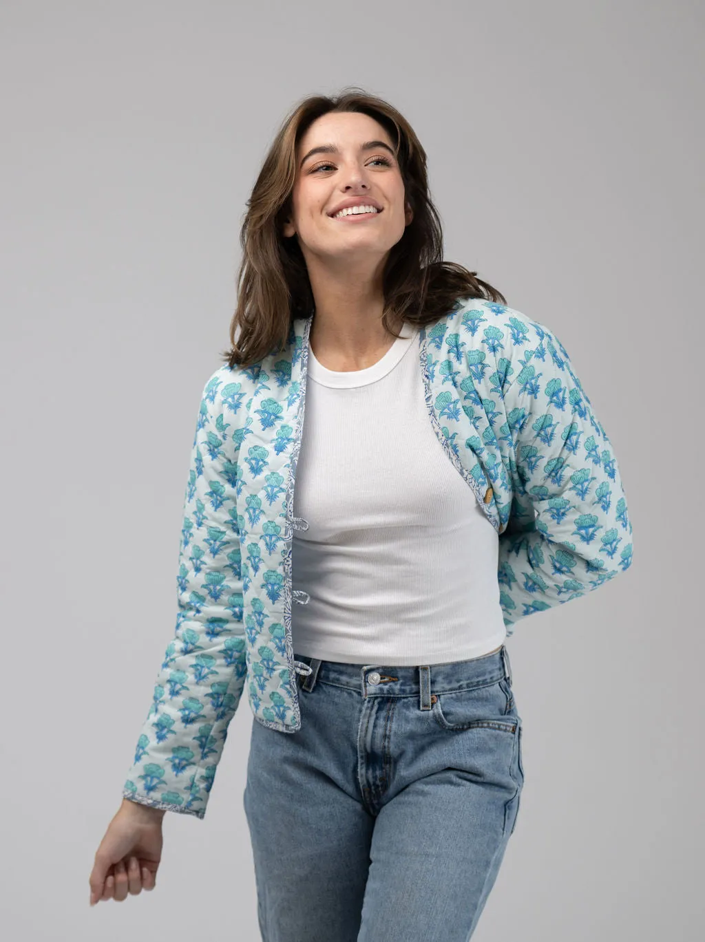 Quilted Cropped Jacket in White / Aqua sold by Beau & Ro product image thumbnail 3