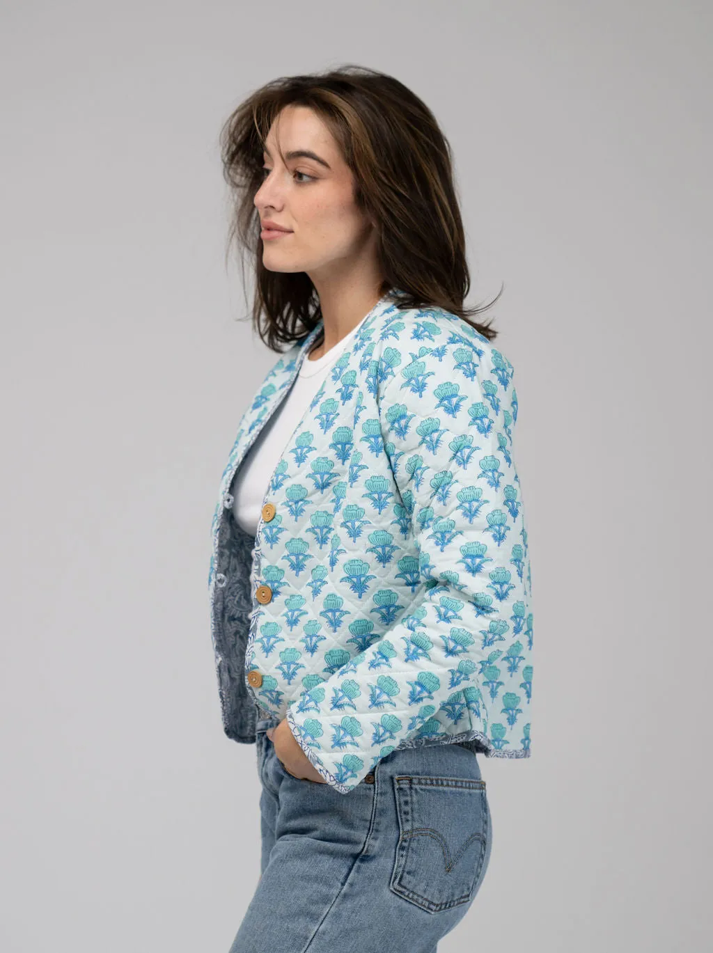 Quilted Cropped Jacket in White / Aqua sold by Beau & Ro product image thumbnail 4
