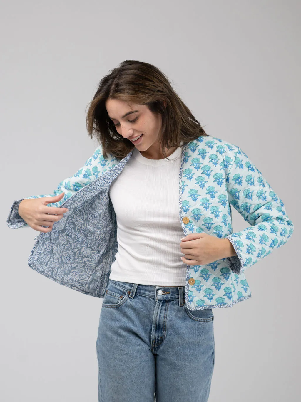 Quilted Cropped Jacket in White / Aqua sold by Beau & Ro product image thumbnail 2