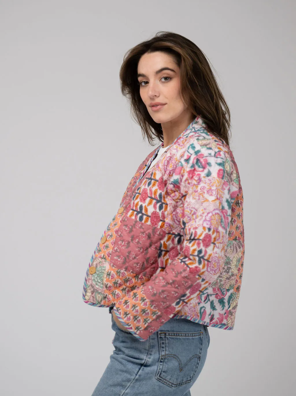 Quilted Cropped Jacket in Pink Patchwork sold by Beau & Ro product image thumbnail 3