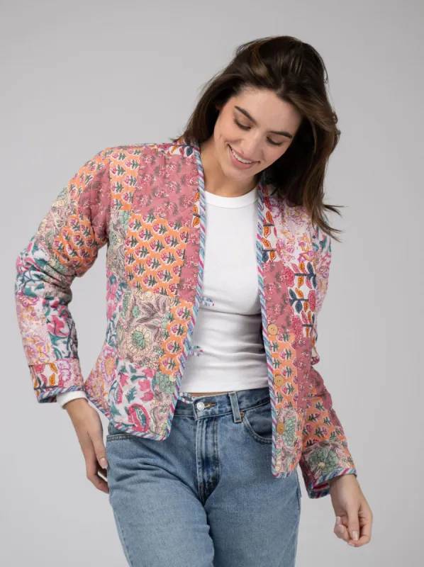 Quilted Cropped Jacket in Pink Patchwork sold by Beau & Ro
