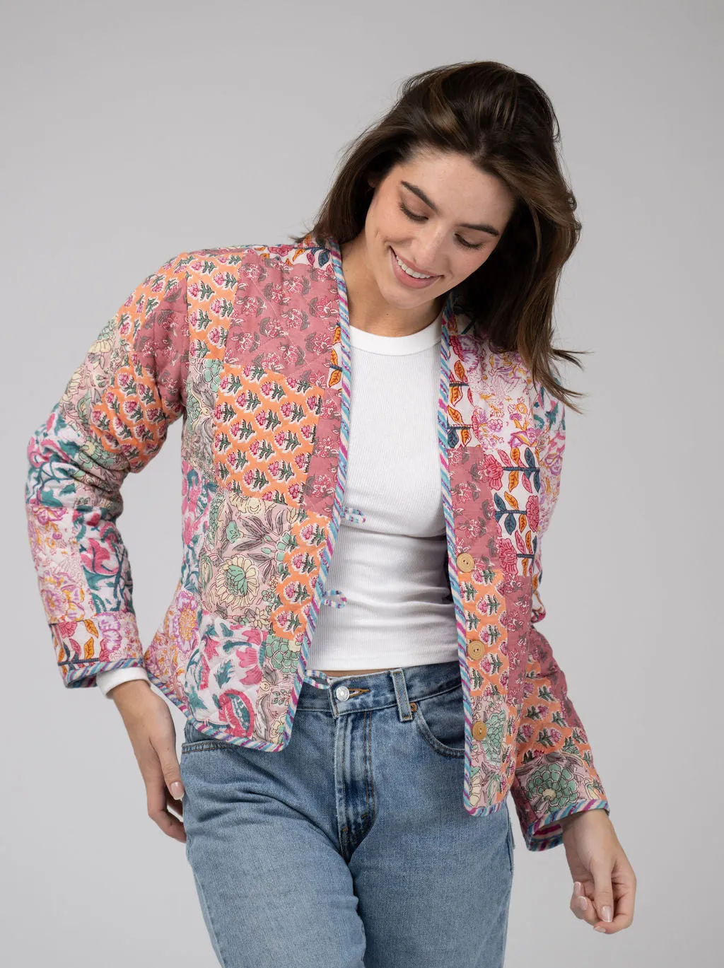 Quilted Cropped Jacket in Pink Patchwork sold by Beau & Ro