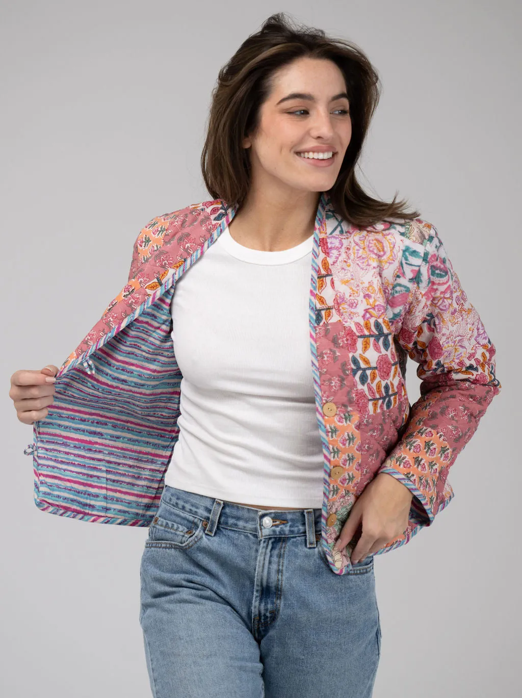 Quilted Cropped Jacket in Pink Patchwork sold by Beau & Ro product image thumbnail 2