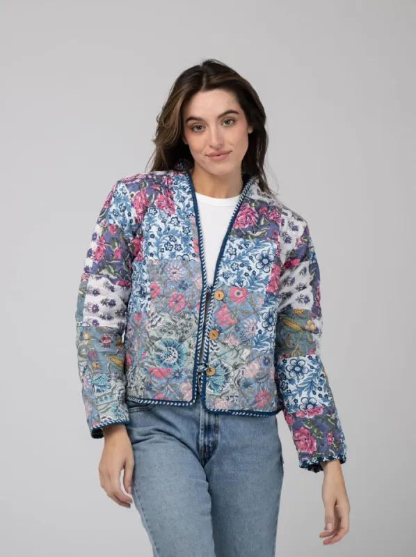 Quilted Cropped Jacket in Blue Patchwork sold by Beau & Ro