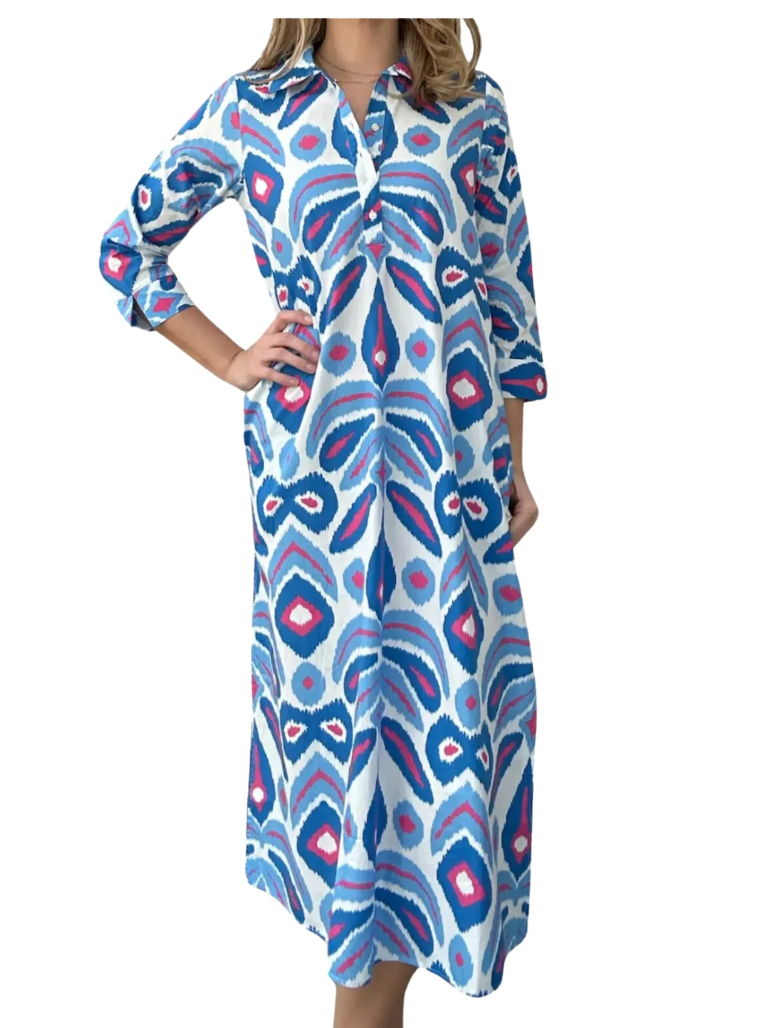 The Sara Ikat Long Tunic in Pink / Blue sold by Beau & Ro
