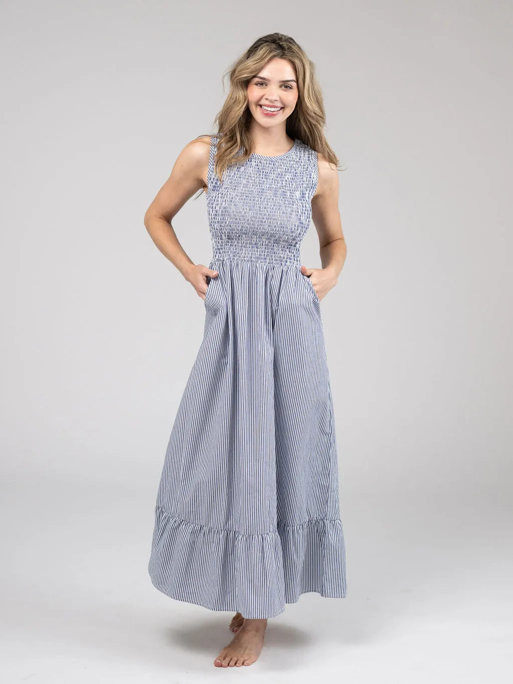 The Margot Dress | Navy & White Stripes sold by Beau & Ro