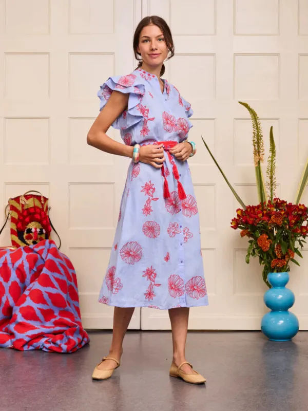 Cypress Dress in Pastel Blue with Red Flower Embroidery sold by Beau & Ro