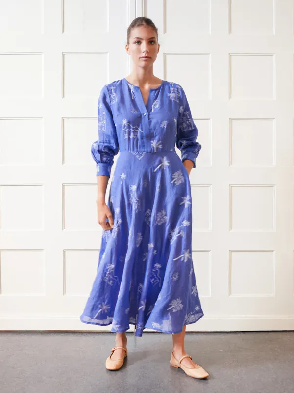 Azurite Dress in Blue with Village Embroidery sold by Beau & Ro