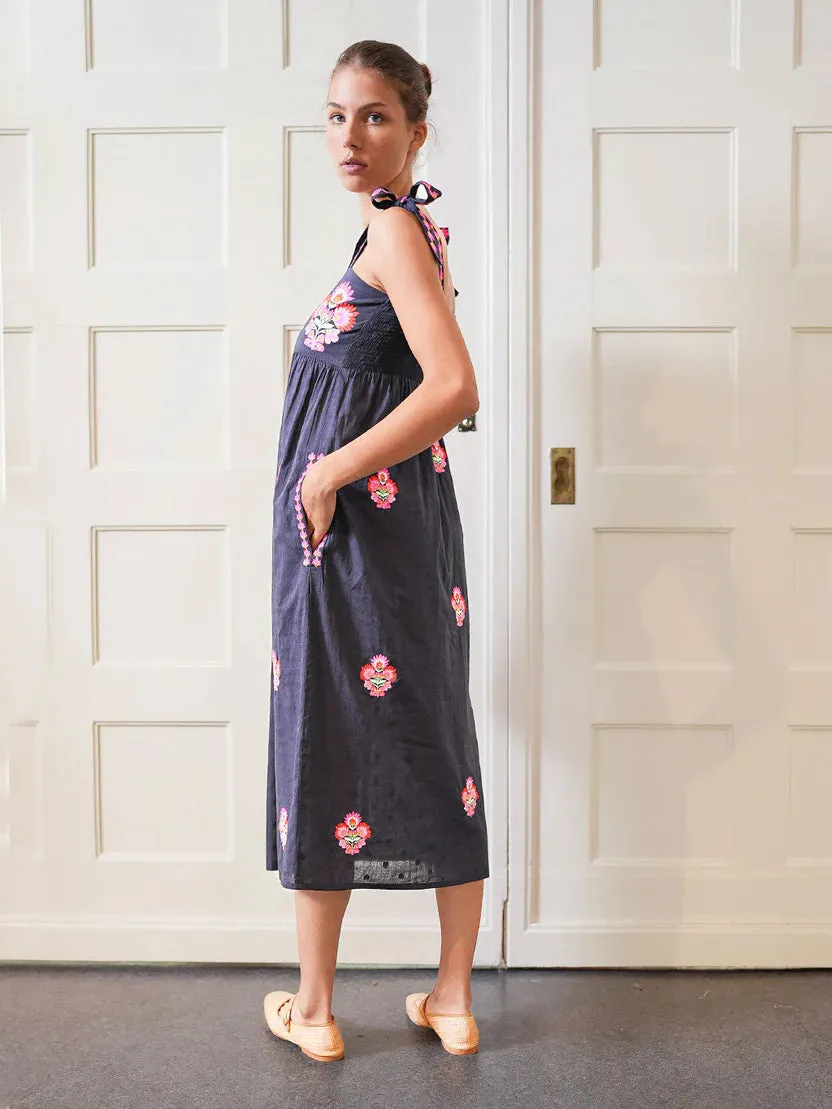 Agate Dress in Navy with Flower Bunch Embroidery sold by Beau & Ro product image thumbnail 4