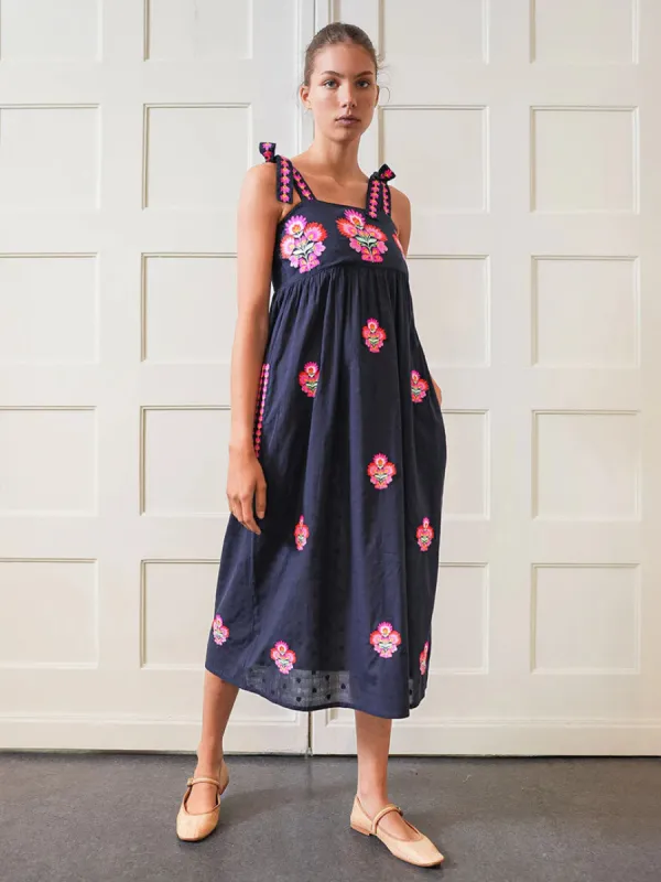 Agate Dress in Navy with Flower Bunch Embroidery sold by Beau & Ro