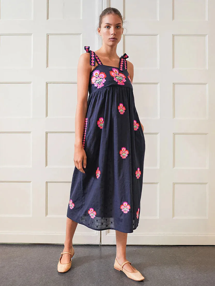 Agate Dress in Navy with Flower Bunch Embroidery sold by Beau & Ro