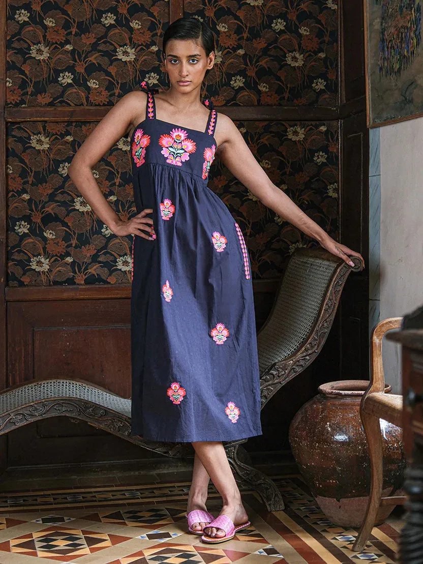 Agate Dress in Navy with Flower Bunch Embroidery sold by Beau & Ro product image thumbnail 2