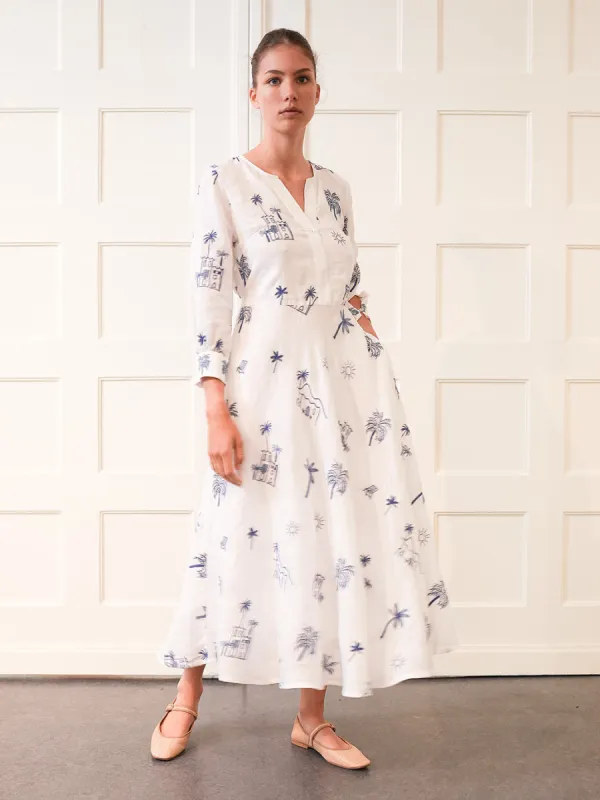Azurite Dress in White with Village Embroidery sold by Beau & Ro