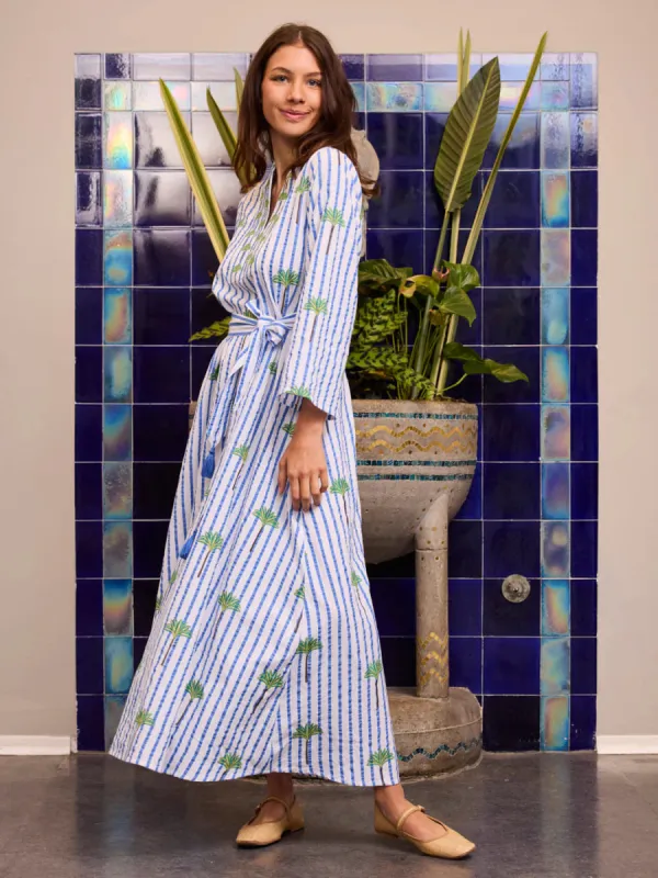 Lemon Dress in Blue Stripe with Palm Embroidery sold by Beau & Ro