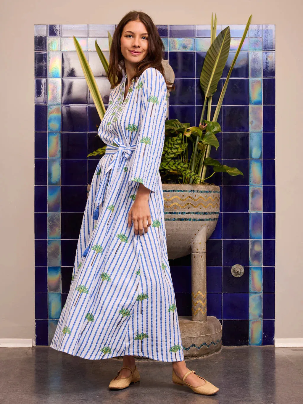 Lemon Dress in Blue Stripe with Palm Embroidery sold by Beau & Ro