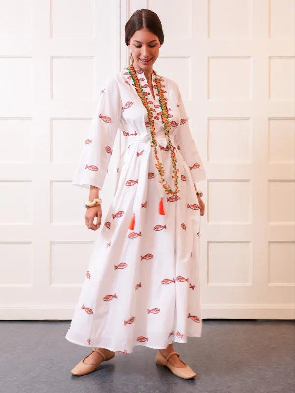 Lemon Dress in White / Fish Embroidery sold by Beau & Ro