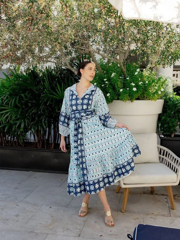 Flounce Dress in Dusty Blue / Navy Ikat sold by Beau & Ro