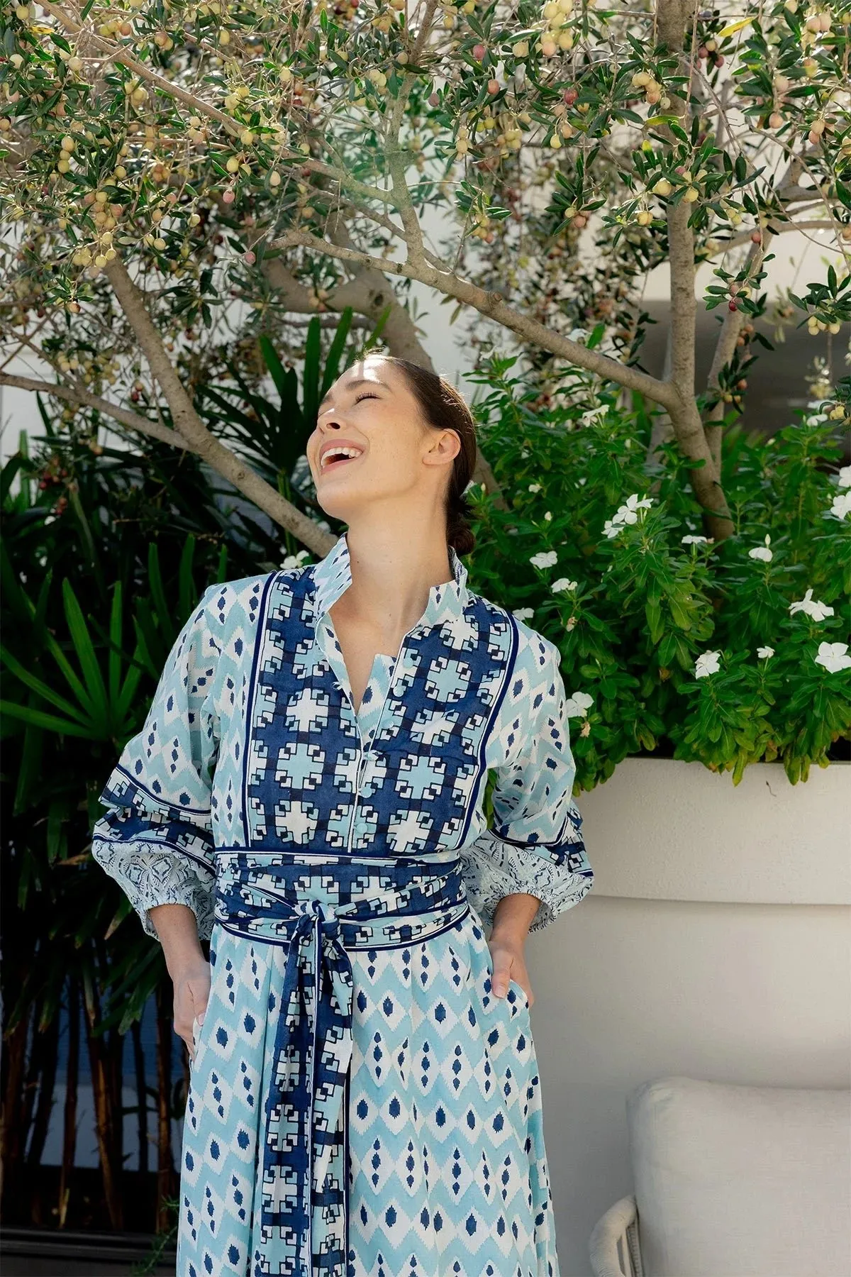 Flounce Dress in Dusty Blue / Navy Ikat sold by Beau & Ro product image thumbnail 2