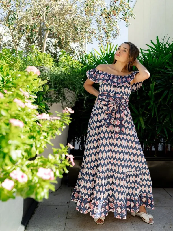 Sleevless Marais Maxi in Bubble / Navy Ikat sold by Beau & Ro