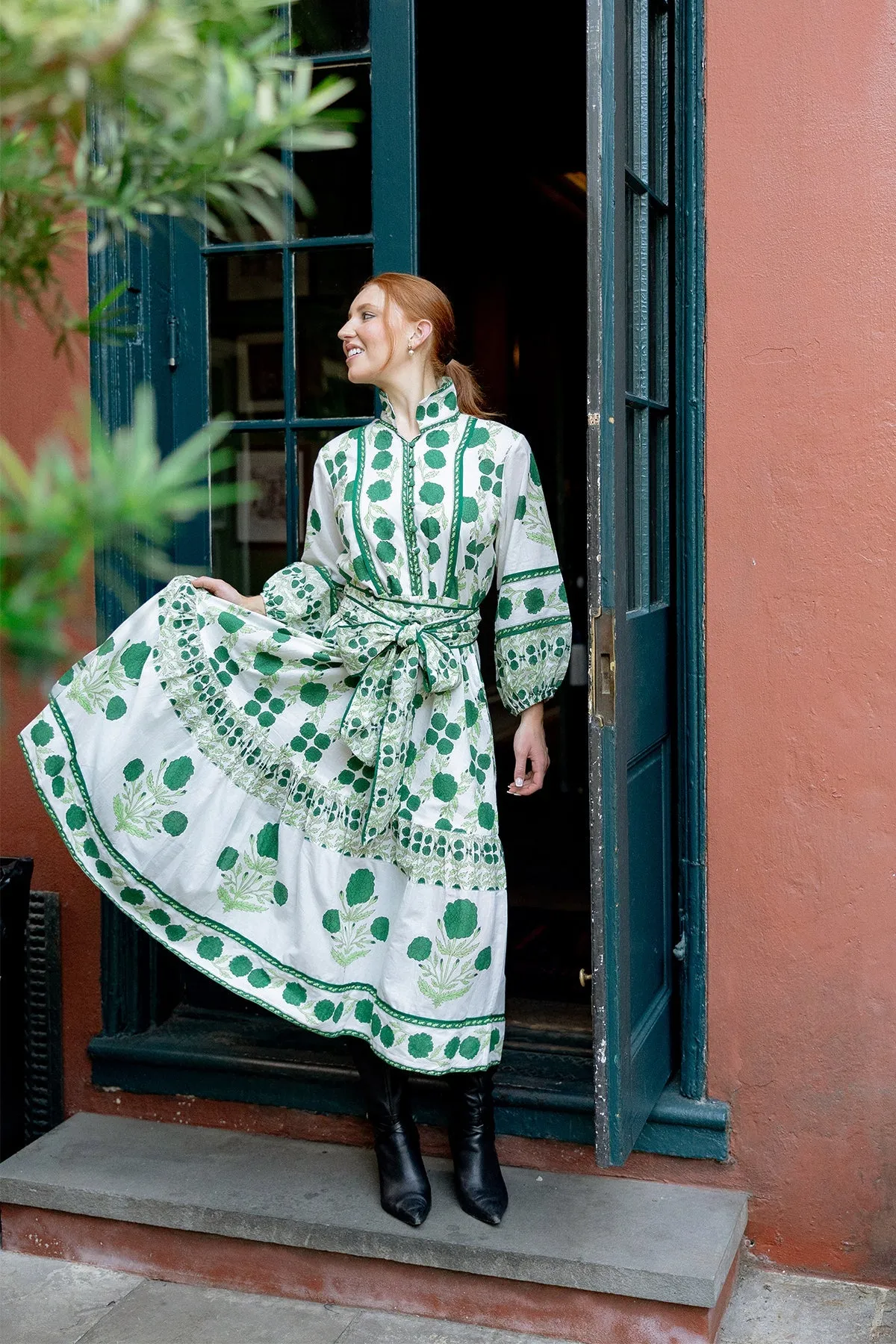 Flounce Dress in Emerald Marigold sold by Beau & Ro